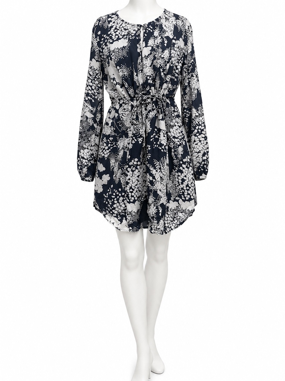 Velvet B/W Floral Long Sleeve Silk Dress Size S